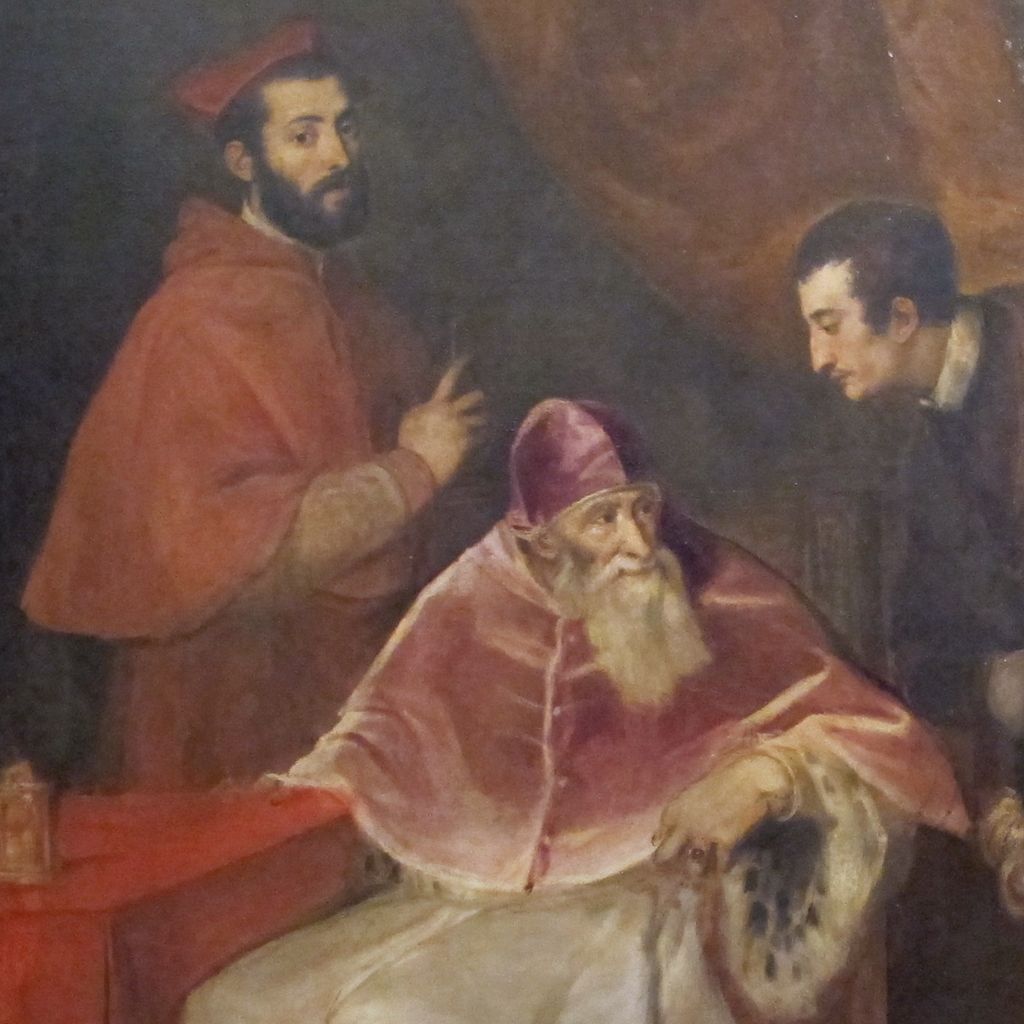 Paul III and Alessandro Farnese detail in Portrait of Pope Paul III Cardinal Alessandro Farnese and Duke Ottavio Farnese